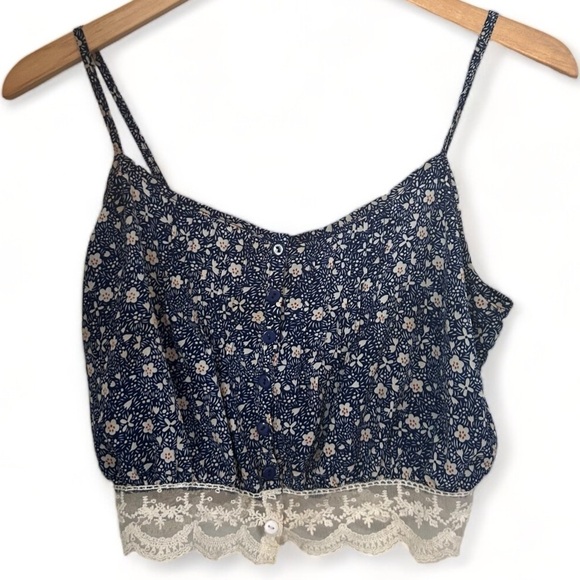 Lucca Couture Tops - Lucca Couture Blue Floral Button Up Crop Top Lace Detail Size Small